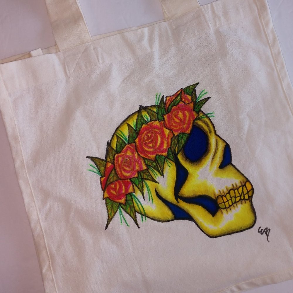 Hand-Painted Skull Tote Bag: Floral Rose Crown, Reusable Canvas